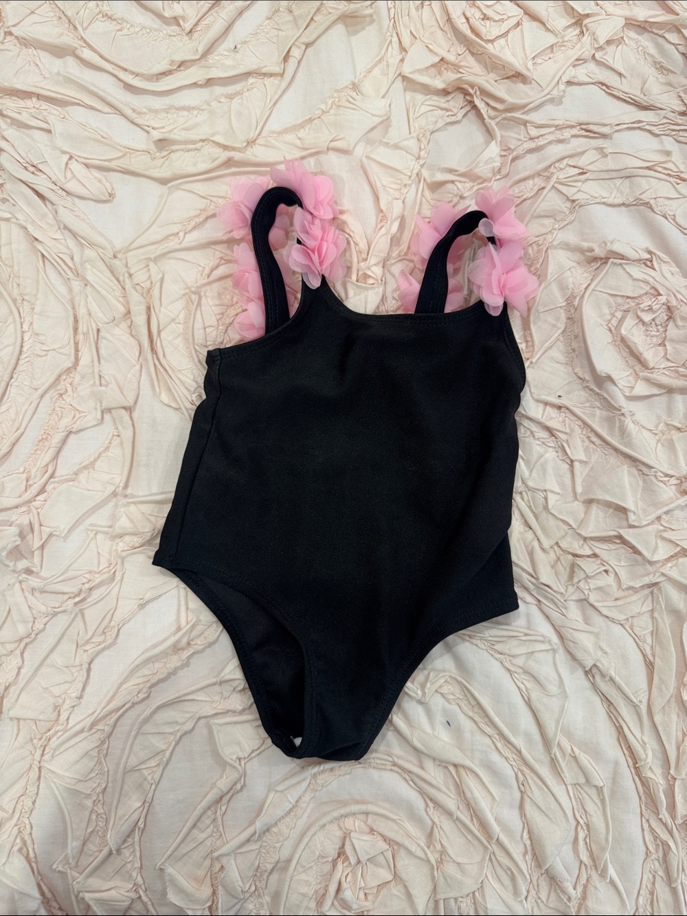 Girls' Black One-Piece Swimsuit with Pink Ruffle Straps
